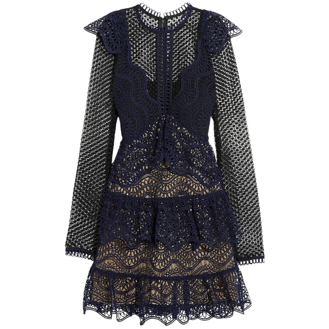 Navy blue crochet ruffled mini dress with long sleeves and layered lace details — Self-Portrait | Endless UAE