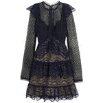 Navy blue crochet ruffled mini dress with long sleeves and layered lace details — Self-Portrait | Endless UAE