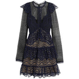 Navy blue crochet ruffled mini dress with long sleeves and layered lace details — Self-Portrait | Endless UAE