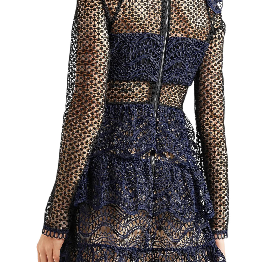Navy blue crochet ruffled mini dress with long sleeves and layered lace details — Self-Portrait | Endless UAE