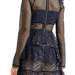 Navy blue crochet ruffled mini dress with long sleeves and layered lace details — Self-Portrait | Endless UAE