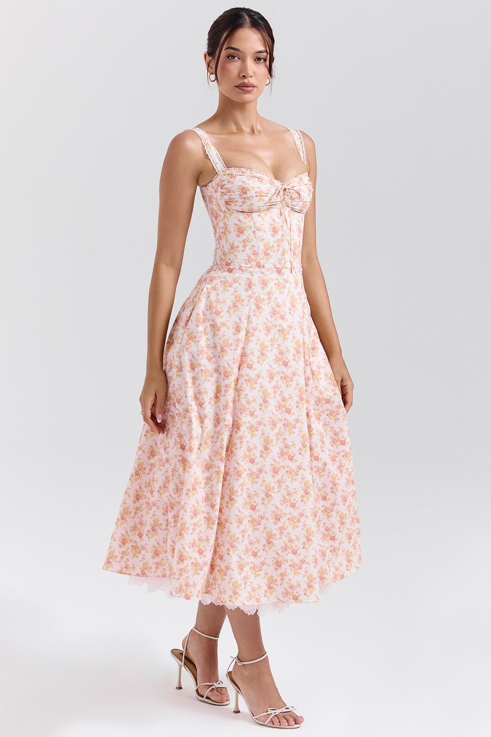 Rosalee Peach Poppy Print Cotton Bustier Sundress - Endless - UAE Rental and Resale for Women's Fashion