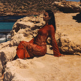 Celeste Cherry Red Double Layered Sculpting Mesh Maxi Dress