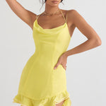 Model wearing buttercup yellow mini dress with cowl neckline, thin straps and layered ruffle hem — House of CB | Endless UAE