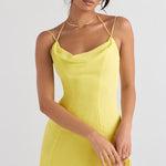 Bright yellow mini dress with cowl neckline, thin straps, and tiered ruffle hem modeled on woman — House of CB | Endless UAE
