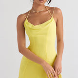 Bright yellow mini dress with cowl neckline, thin straps, and tiered ruffle hem modeled on woman — House of CB | Endless UAE
