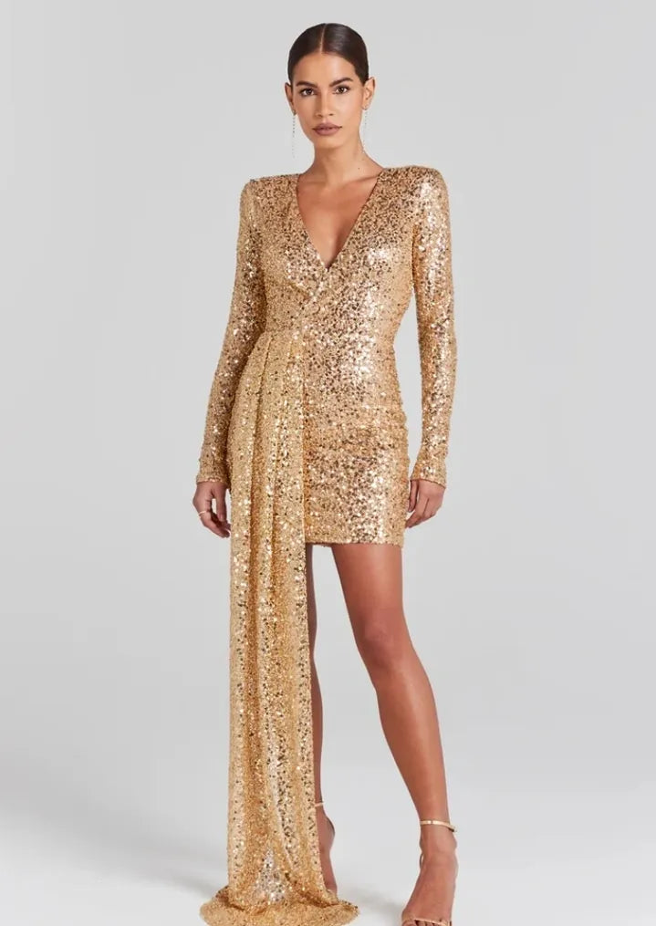 Gold sequin mini dress with plunging V-neck, long sleeves and dramatic floor-length side drape — Nadine Merabi | Endless UAE