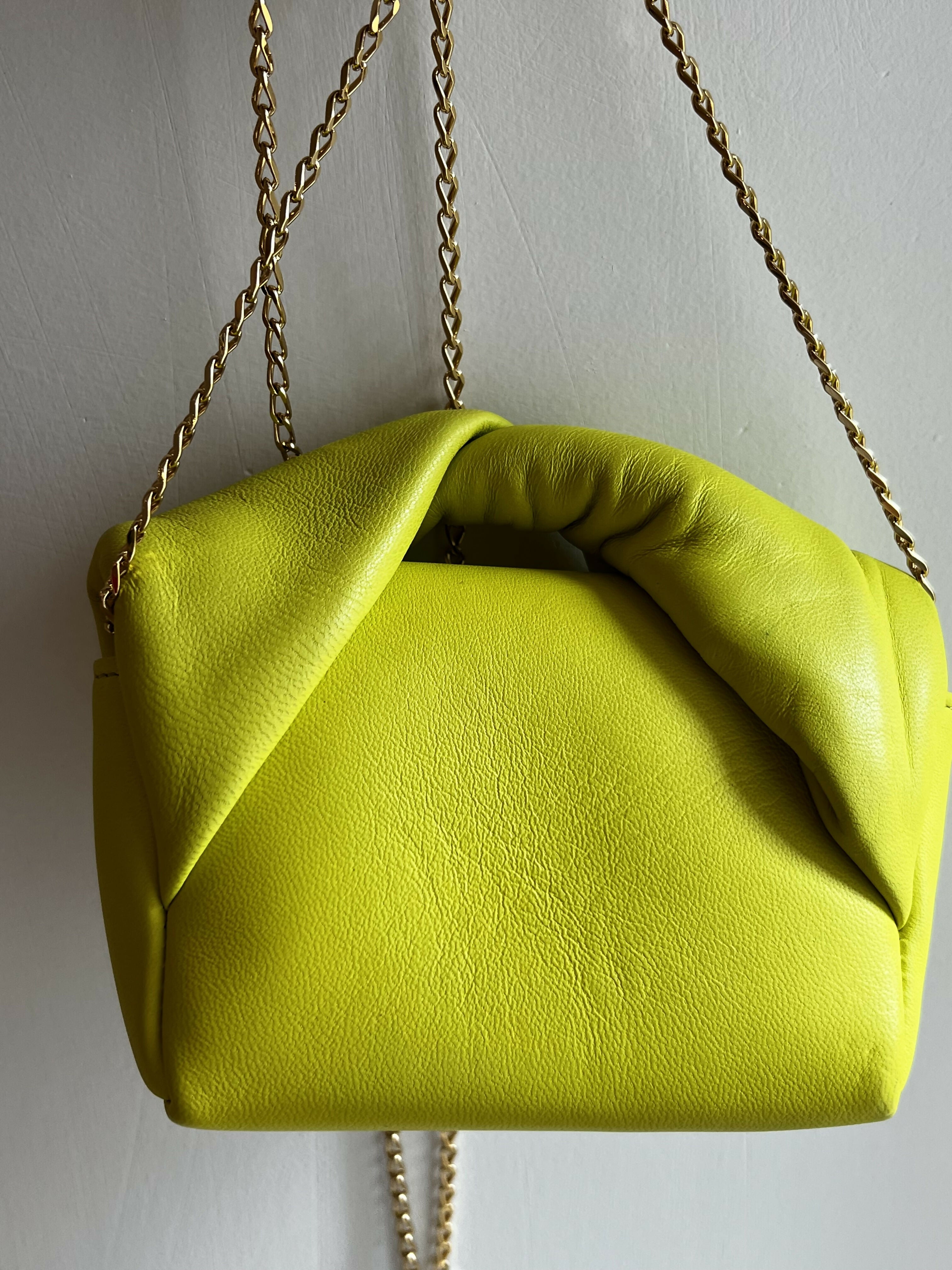 Lime green Twister Nano leather crossbody bag with gathered top and gold chain strap — JW Anderson | Endless UAE