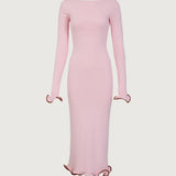 Pink long-sleeve midi dress with ruffle hem details — Same | Endless UAE