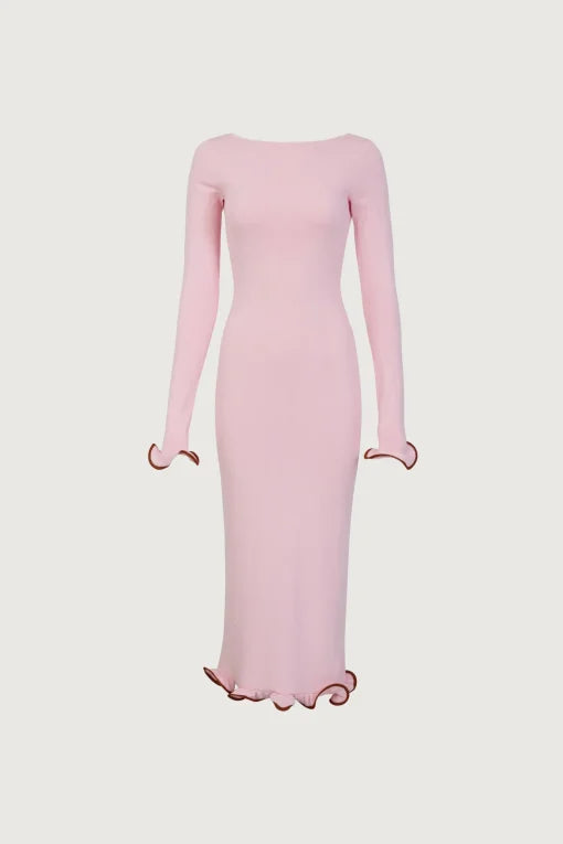 Pink long-sleeve midi dress with ruffle hem details — Same | Endless UAE