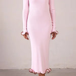 Pink long-sleeve midi dress with ruffle hem details — Same | Endless UAE