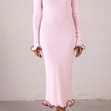 Pink long-sleeve midi dress with ruffle hem details — Same | Endless UAE