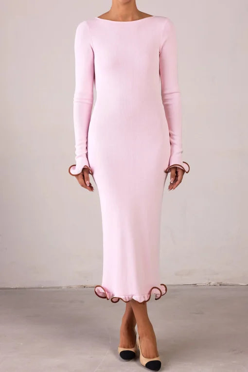 Pink long-sleeve midi dress with ruffle hem details — Same | Endless UAE