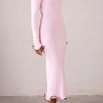 Pink long-sleeve midi dress with ruffle hem details — Same | Endless UAE