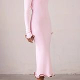Pink long-sleeve midi dress with ruffle hem details — Same | Endless UAE