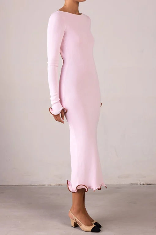 Pink long-sleeve midi dress with ruffle hem details — Same | Endless UAE