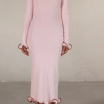 Pink long-sleeve midi dress with ruffle hem details — Same | Endless UAE