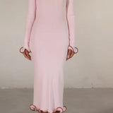 Pink long-sleeve midi dress with ruffle hem details — Same | Endless UAE