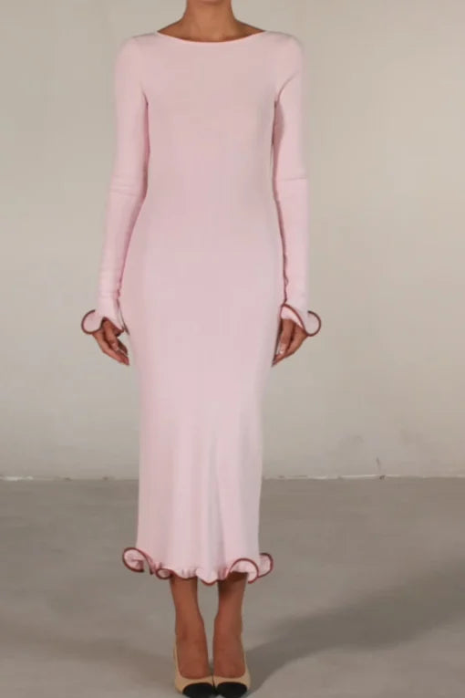 Pink long-sleeve midi dress with ruffle hem details — Same | Endless UAE