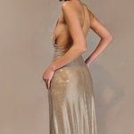 Champagne sequin halter midi dress with plunging neckline — Endless | Endless UAE