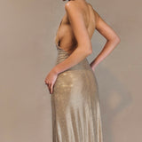 Champagne sequin halter midi dress with plunging neckline — Endless | Endless UAE