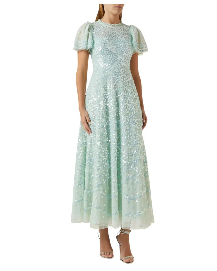 Sage green sequin midi dress with flutter sleeves — Needle and thread | Endless UAE