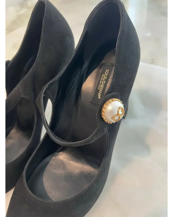 Black suede Mary Jane pump with gold button detail and chunky heel — Dolce & Gabbana | Endless UAE