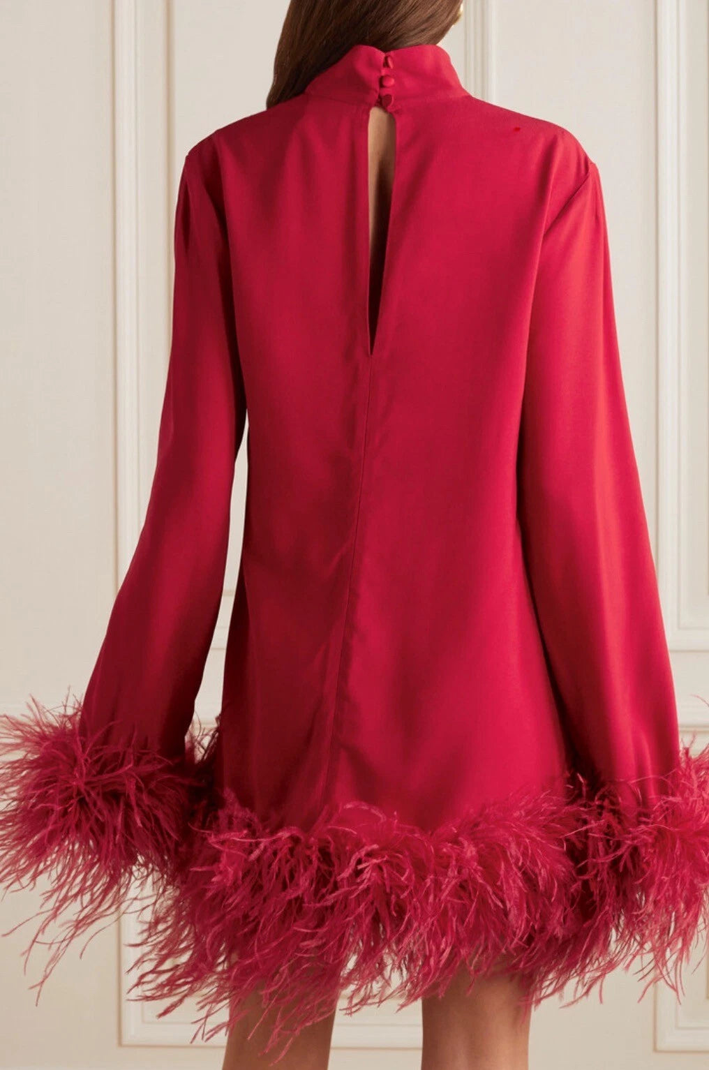 Red feathered mini dress with turtleneck and long sleeves — Taller Marmo | Endless UAE