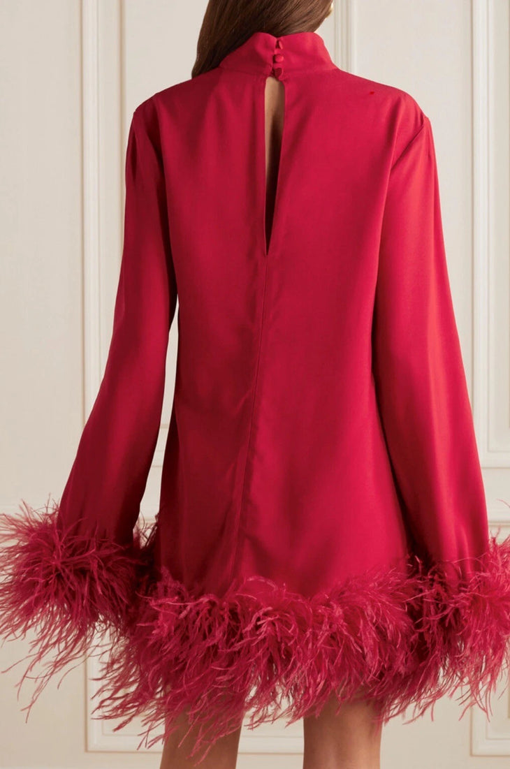 Red feathered mini dress with turtleneck and long sleeves — Taller Marmo | Endless UAE