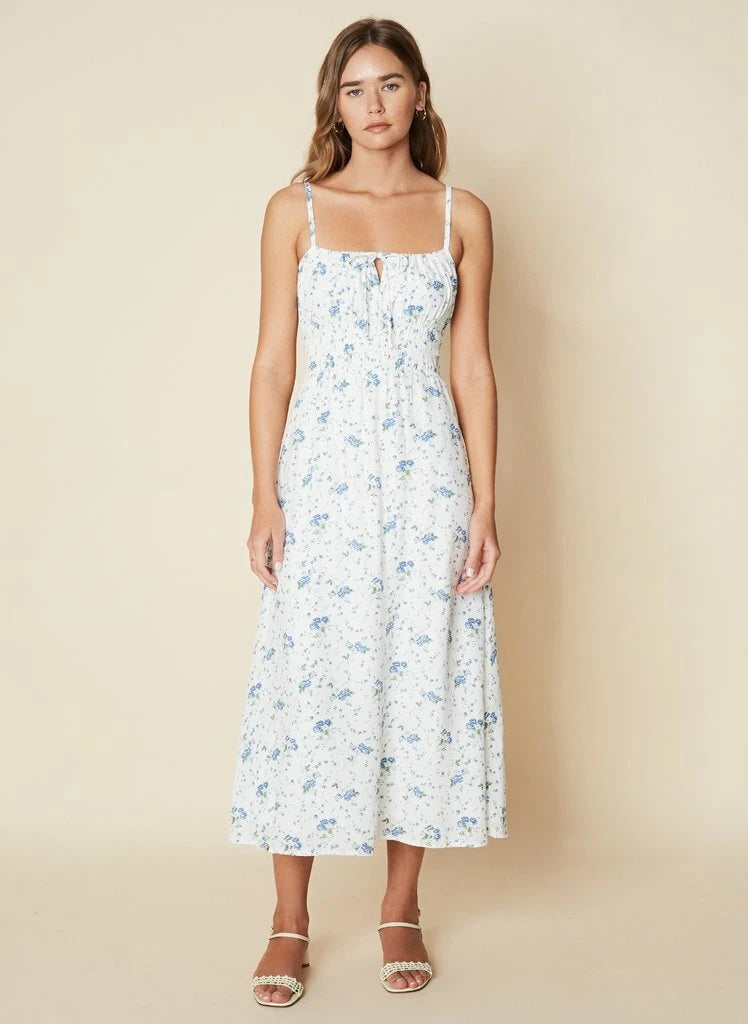 Jasmina Astoria Floral Midi Dress in blue and white — Faithfull the Brand | Endless UAE