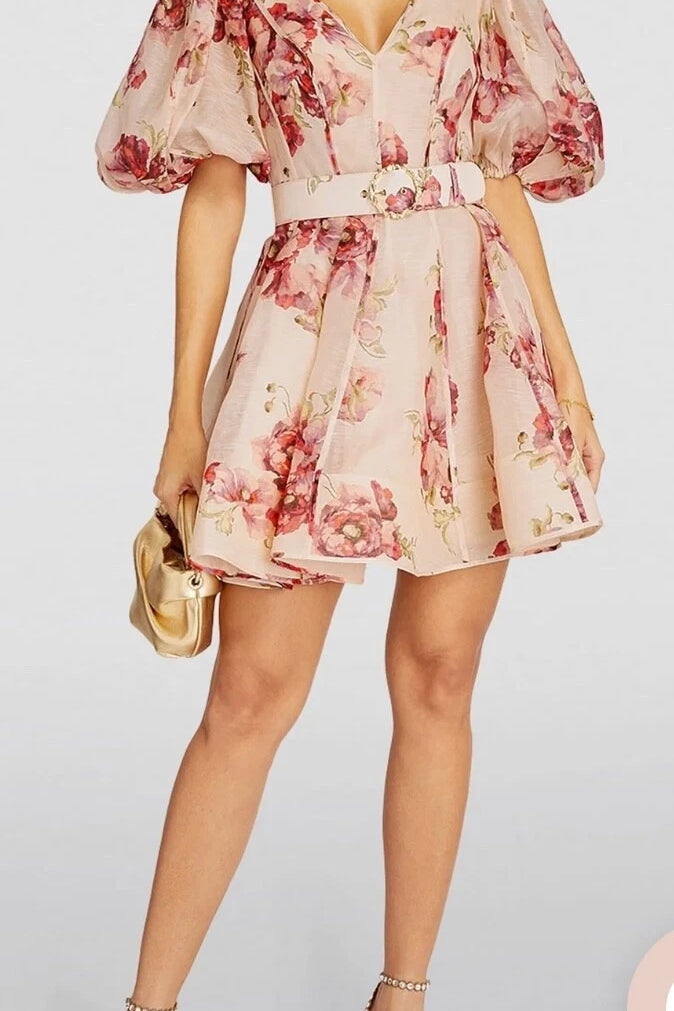 Floral print mini dress with puff sleeves, V-neck, and matching belt in pink tones — ZIMMERMANN | Endless UAE
