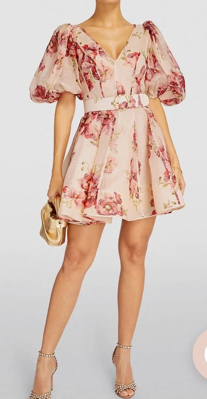 Floral print mini dress with puff sleeves, V-neck, and matching belt in pink tones — ZIMMERMANN | Endless UAE
