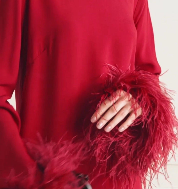 Red feathered mini dress with turtleneck and long sleeves — Taller Marmo | Endless UAE