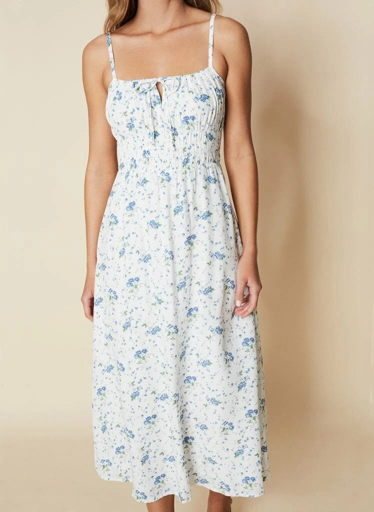 Jasmina Astoria Floral Midi Dress in blue and white — Faithfull the Brand | Endless UAE