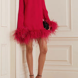 Red feathered mini dress with turtleneck and long sleeves — Taller Marmo | Endless UAE
