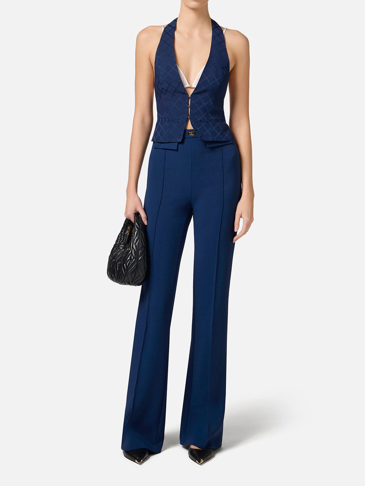 Navy blue high-waisted wide-leg crepe trousers with logo plaque detail — Elisabetta Franchi | Endless UAE