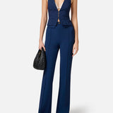 Navy blue high-waisted wide-leg crepe trousers with logo plaque detail — Elisabetta Franchi | Endless UAE