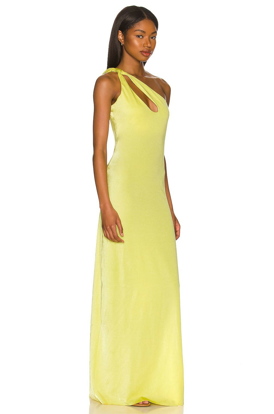 Floor-length yellow satin gown with asymmetric one-shoulder design and keyhole cutout detail — Baobab | Endless UAE