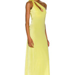 Floor-length yellow satin gown with asymmetric one-shoulder design and keyhole cutout detail — Baobab | Endless UAE