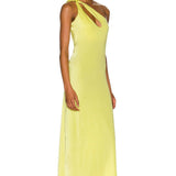 Floor-length yellow satin gown with asymmetric one-shoulder design and keyhole cutout detail — Baobab | Endless UAE