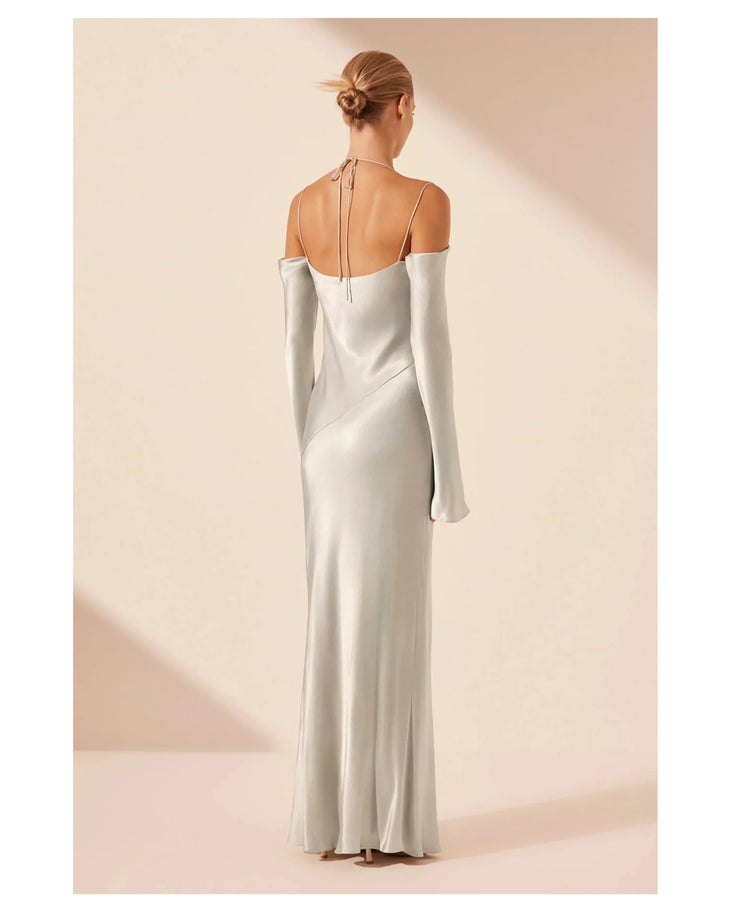 Silvery grey off-shoulder tie maxi dress with draped sleeves — Shona Joy | Endless UAE
