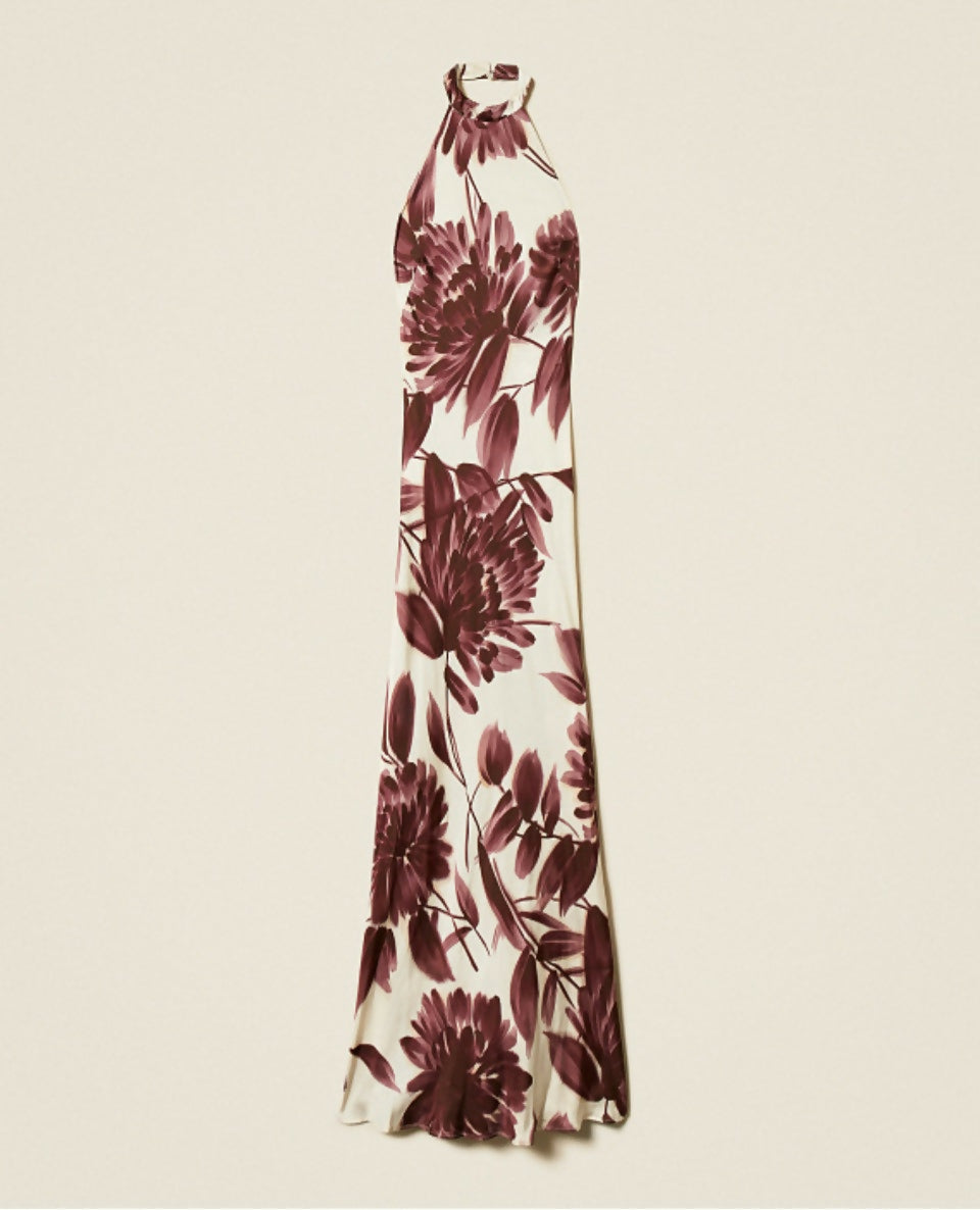Long halter floral print dress in burgundy and cream — Twinset | Endless UAE
