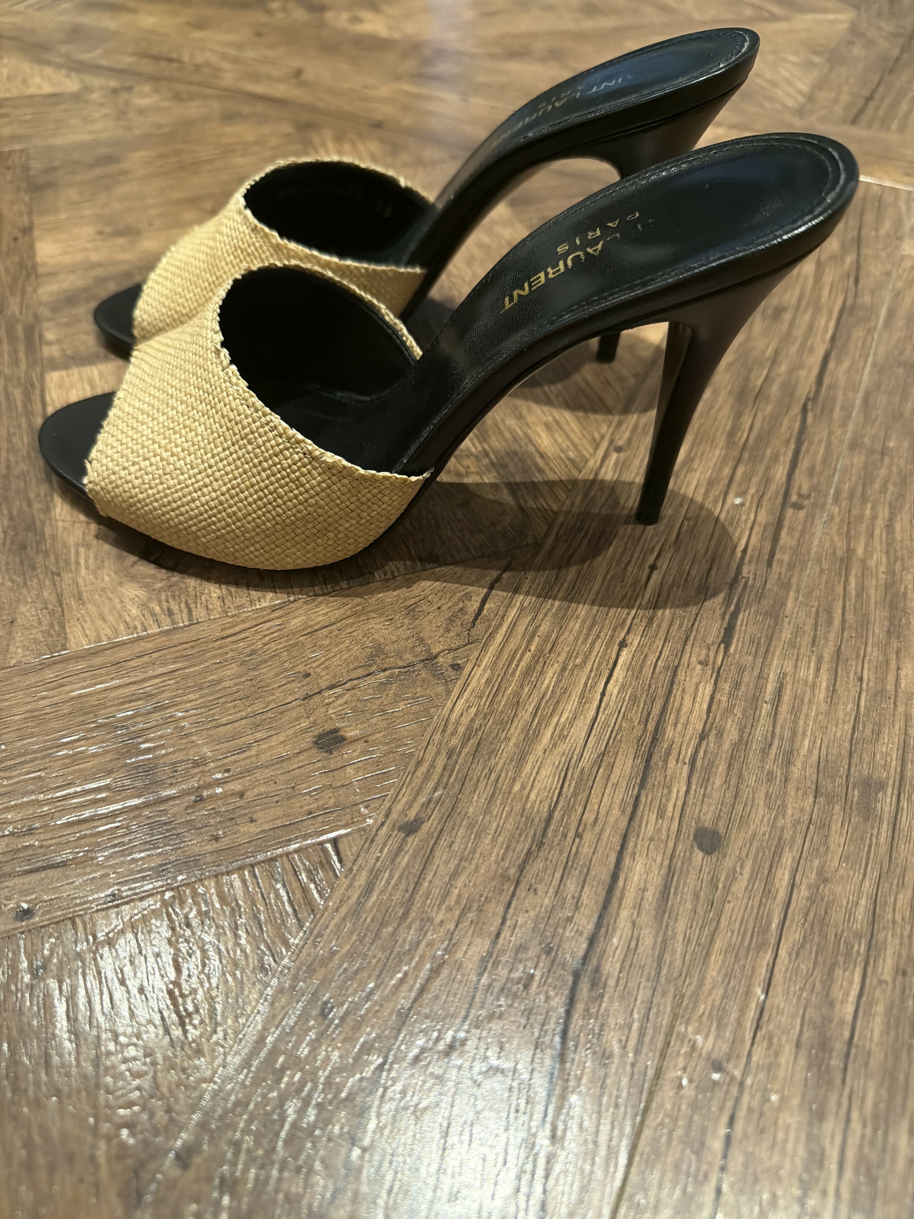 Beige canvas LA 16 mules with black leather trim and heel — Yves Saint Laurent | Endless UAE