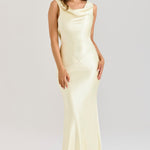 Elegant pale yellow satin maxi dress with draped cowl neckline and fitted silhouette — House of CB | Endless UAE