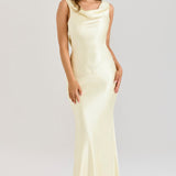 Elegant pale yellow satin maxi dress with draped cowl neckline and fitted silhouette — House of CB | Endless UAE