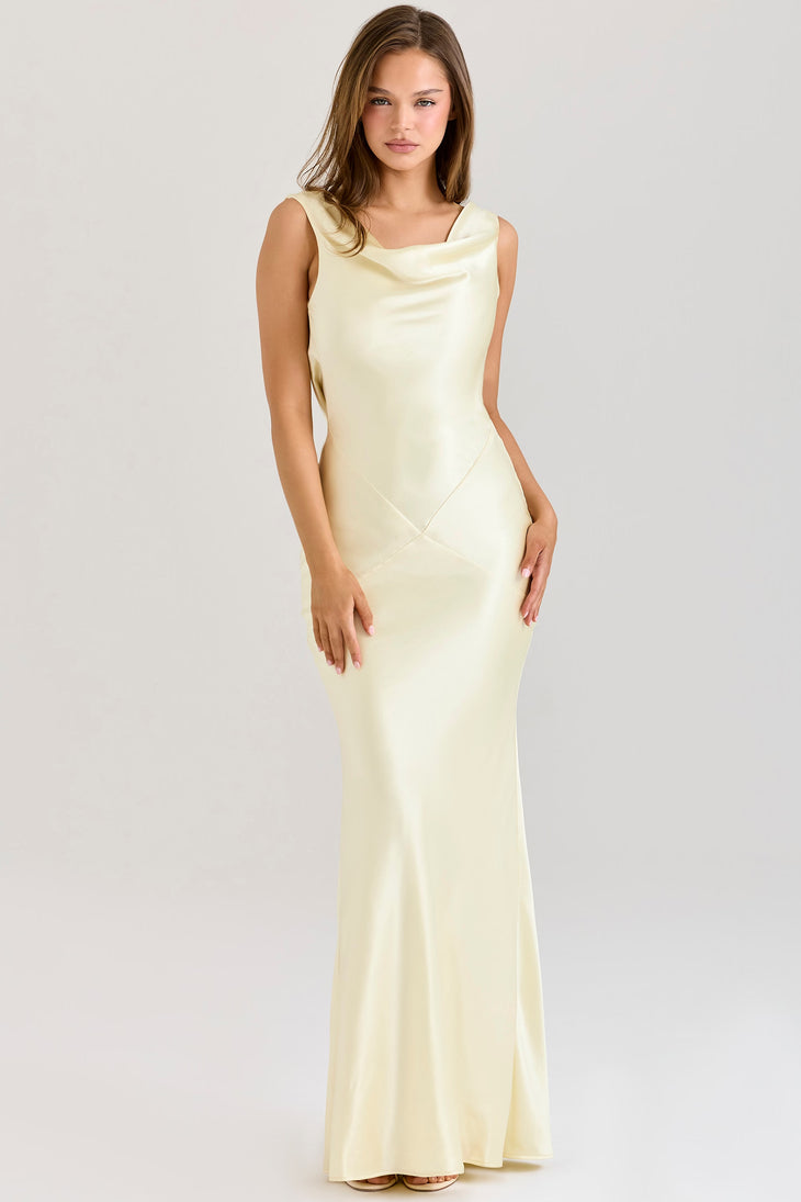 Elegant pale yellow satin maxi dress with draped cowl neckline and fitted silhouette — House of CB | Endless UAE