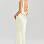 Safaira pale yellow satin maxi dress with draped cowl back and sleeveless design — House of CB | Endless UAE