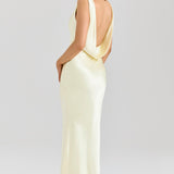 Safaira pale yellow satin maxi dress with draped cowl back and sleeveless design — House of CB | Endless UAE