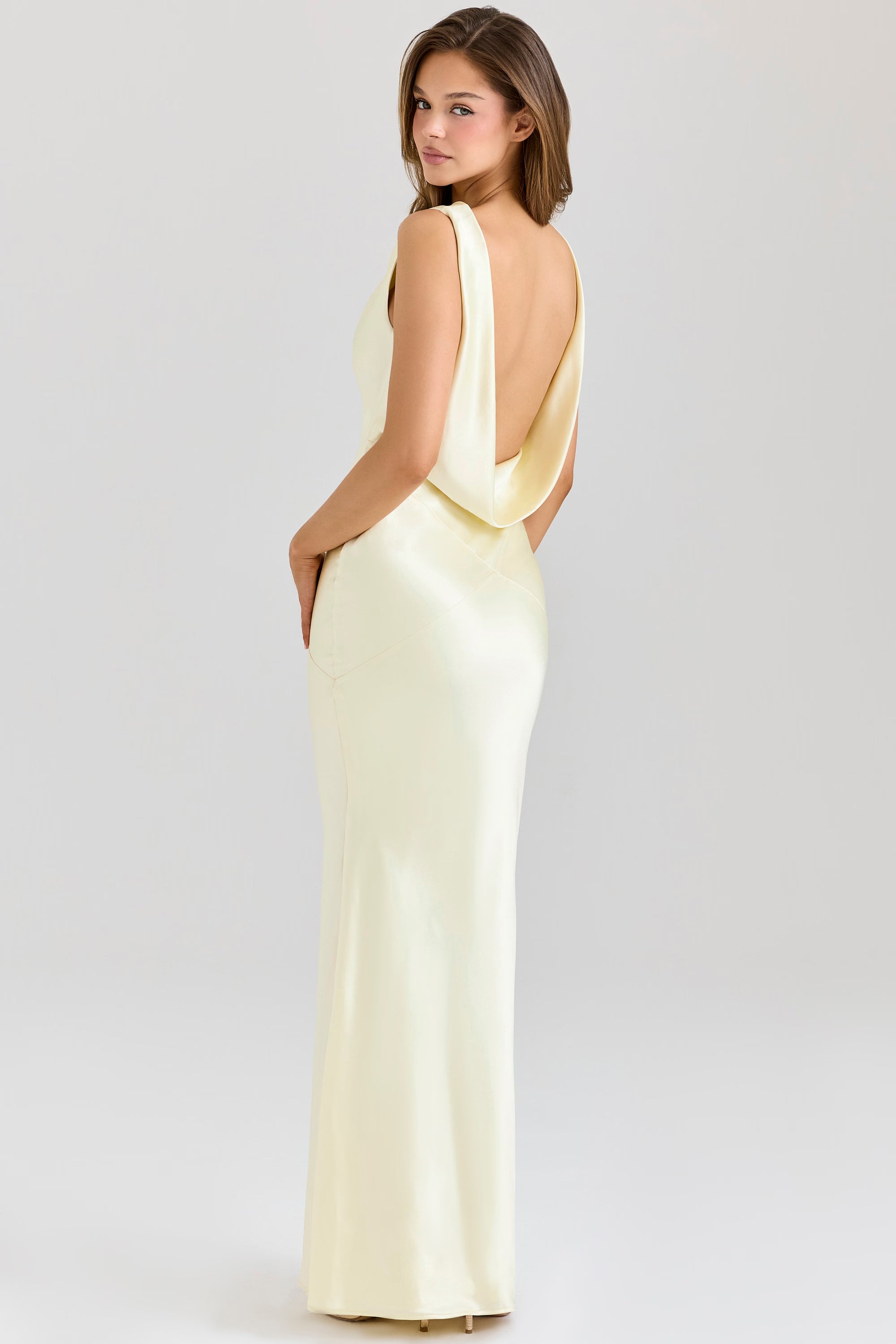 Safaira pale yellow satin maxi dress with draped cowl back and sleeveless design — House of CB | Endless UAE