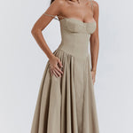Beige corset sundress with thin straps and full midi skirt — House of CB | Endless UAE